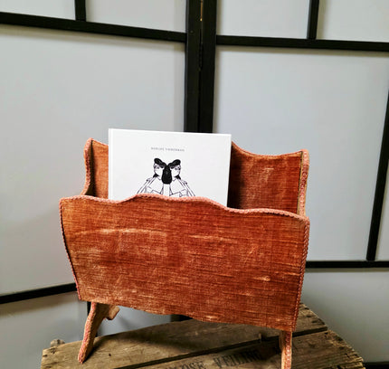 Vintage 1960s Terracotta Velvet Magazine Rack – Mid-Century Hollywood Regency Fabric Covered Newspaper Basket - Yatva