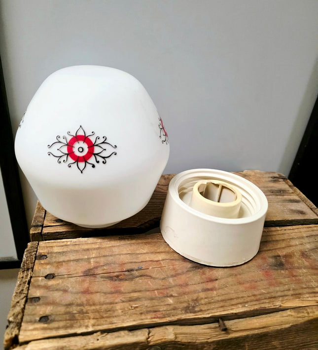 Vintage 1970s Philips Opal Glass Schroefbol Ceiling Lamp - Red Black Floral - Yatva