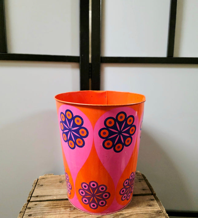 Vintage 1970s Tomado Tin Wastepaper Basket | Retro Space Age Flower Power Trash Can - Yatva