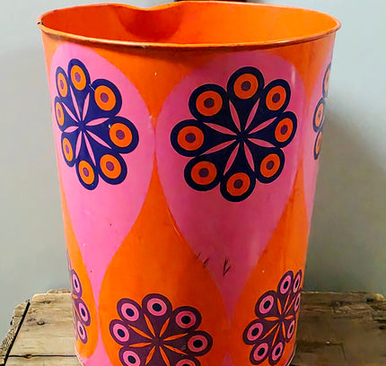 Vintage 1970s Tomado Tin Wastepaper Basket | Retro Space Age Flower Power Trash Can - Yatva
