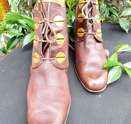 Vintage 1980s Cognac Brown Leather Button Ankle Boots - Yatva