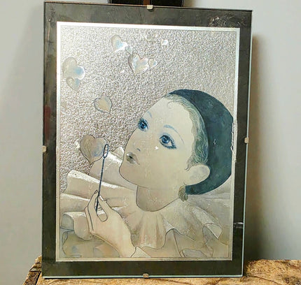 Vintage 1980s Dufex Pierrot Metallic Foil Framed Art Print - Retro Sad Clown Wall Decor - Yatva