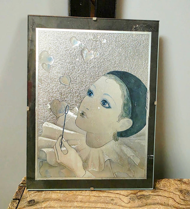 Vintage 1980s Dufex Pierrot Metallic Foil Framed Art Print - Retro Sad Clown Wall Decor - Yatva