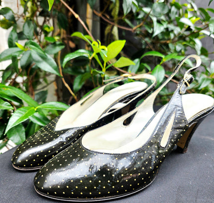 Vintage 1980s Italian Polka Dots Slingback Kitten Heels - Yatva