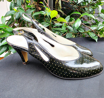 Vintage 1980s Italian Polka Dots Slingback Kitten Heels - Yatva