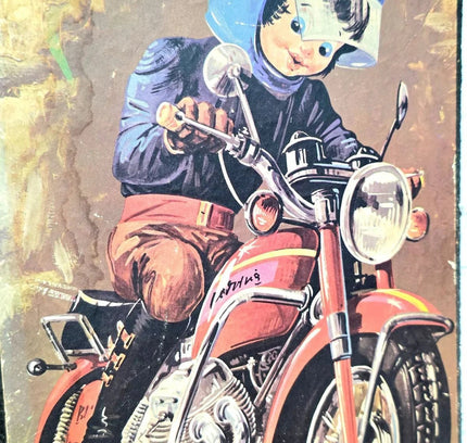 Vintage 60s /70s "Poulbot" character on a motorcycle, Signed - Yatva
