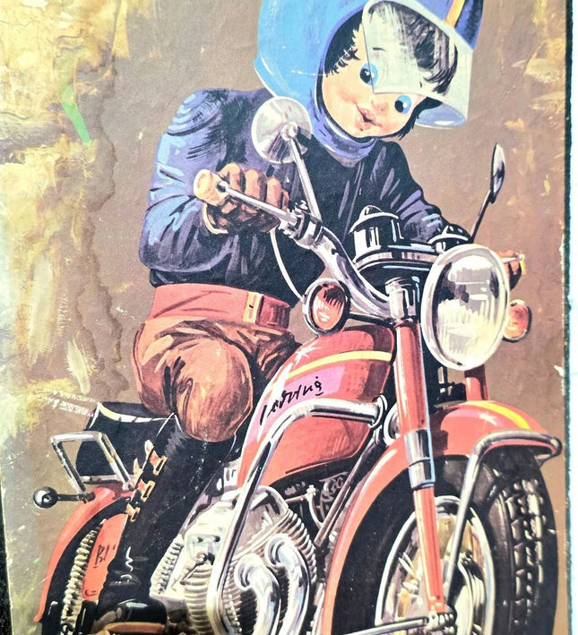 Vintage 60s /70s "Poulbot" character on a motorcycle, Signed - Yatva
