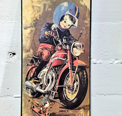 Vintage 60s /70s "Poulbot" character on a motorcycle, Signed - Yatva