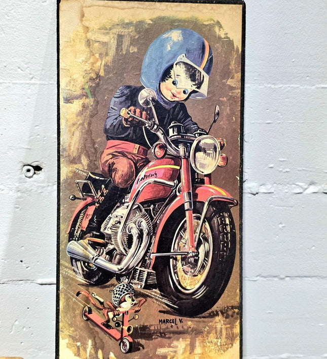 Vintage 60s /70s "Poulbot" character on a motorcycle, Signed - Yatva