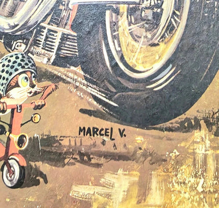 Vintage 60s /70s "Poulbot" character on a motorcycle, Signed - Yatva