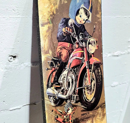 Vintage 60s /70s "Poulbot" character on a motorcycle, Signed - Yatva