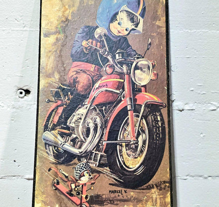 Vintage 60s /70s "Poulbot" character on a motorcycle, Signed - Yatva