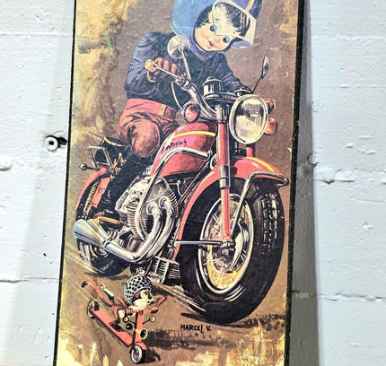 Vintage 60s /70s "Poulbot" character on a motorcycle, Signed - Yatva