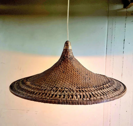 Vintage 60s Boho Rattan Bamboo Trumpet Hang Lamp - Yatva