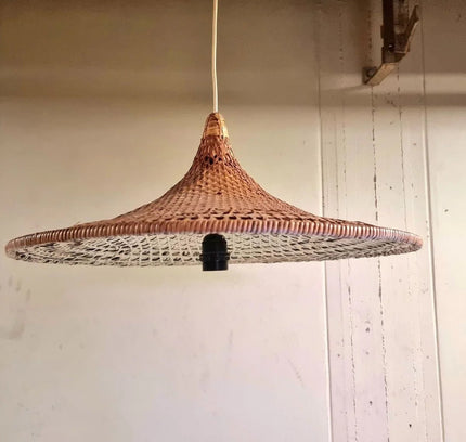 Vintage 60s Boho Rattan Bamboo Trumpet Hang Lamp - Yatva