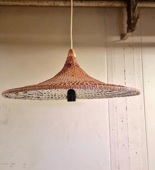 Vintage 60s Boho Rattan Bamboo Trumpet Hang Lamp - Yatva