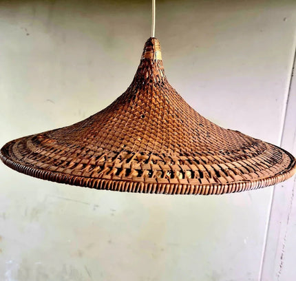 Vintage 60s Boho Rattan Bamboo Trumpet Hang Lamp - Yatva