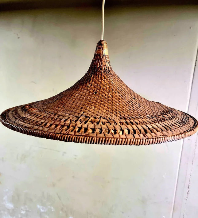 Vintage 60s Boho Rattan Bamboo Trumpet Hang Lamp - Yatva