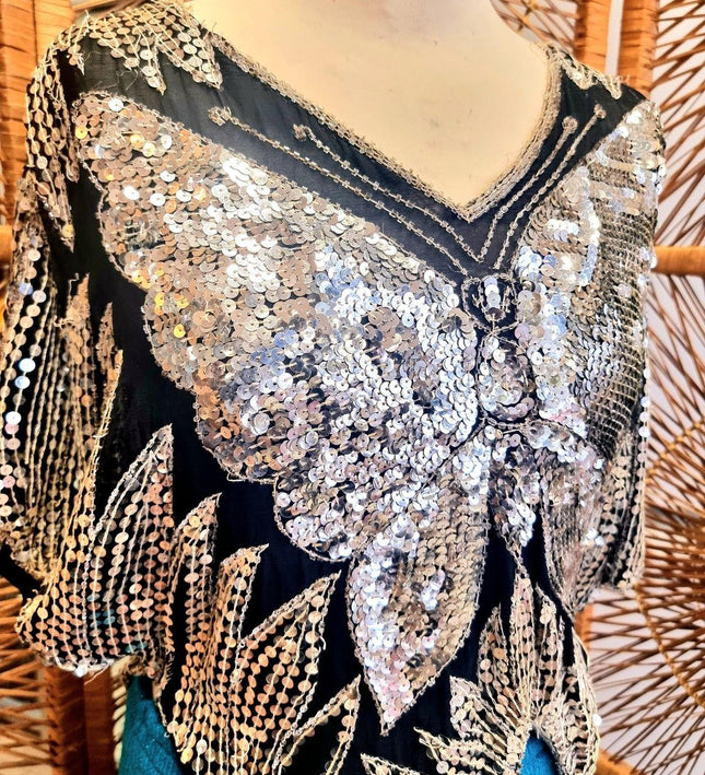 Vintage 70s / 80s Butterfly Sequin Top - Yatva