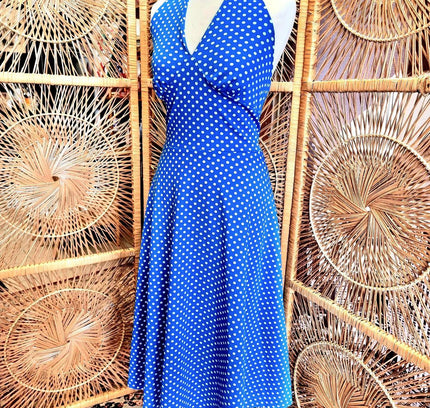 Vintage 70s / 80s Jersey Polka Dots Halter - neck Dress - Yatva
