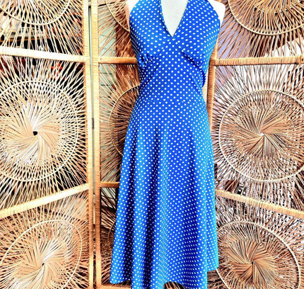 Vintage 70s / 80s Jersey Polka Dots Halter - neck Dress - Yatva
