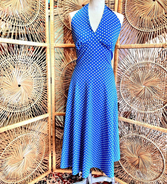 Vintage 70s / 80s Jersey Polka Dots Halter - neck Dress - Yatva