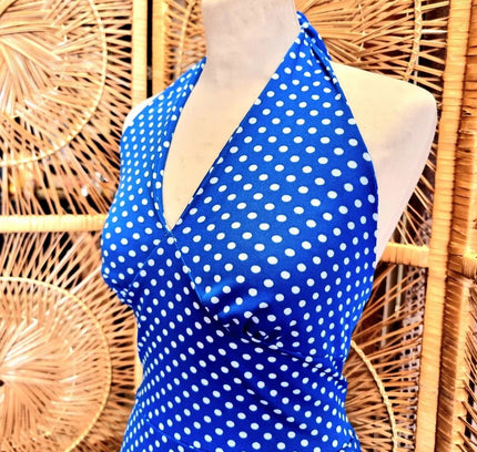 Vintage 70s / 80s Jersey Polka Dots Halter - neck Dress - Yatva