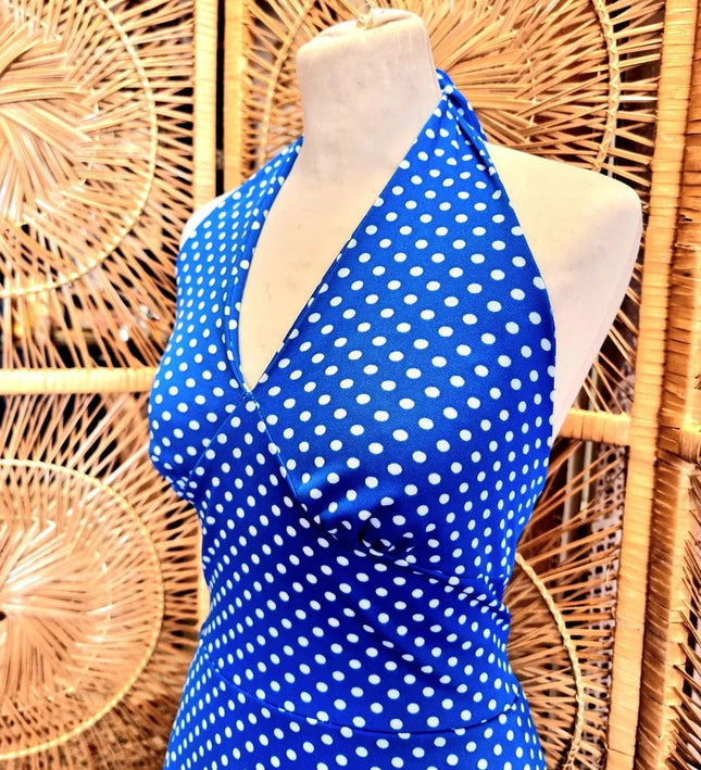 Vintage 70s / 80s Jersey Polka Dots Halter - neck Dress - Yatva