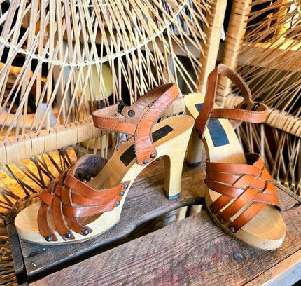 Vintage 70's High Heel Leather Sandals - Yatva