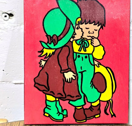Vintage 70s illustrated Wood Panel Painting - Yatva