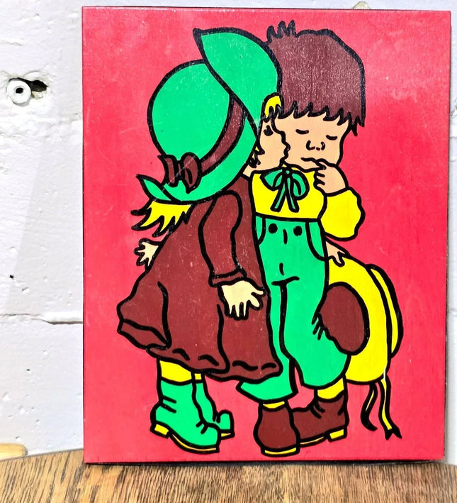 Vintage 70s illustrated Wood Panel Painting - Yatva
