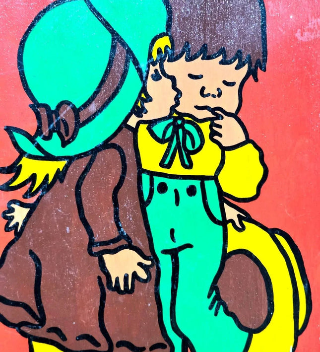 Vintage 70s illustrated Wood Panel Painting - Yatva