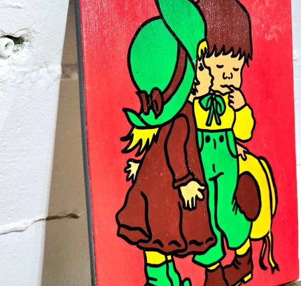Vintage 70s illustrated Wood Panel Painting - Yatva