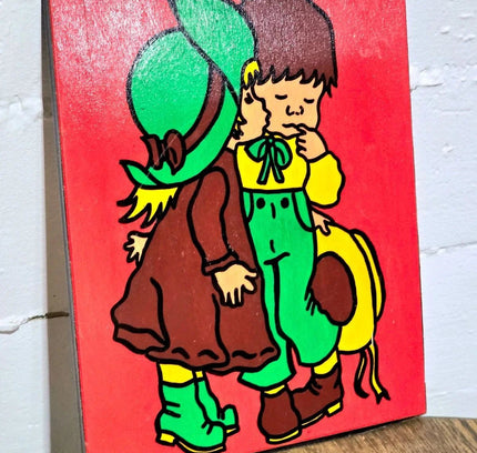 Vintage 70s illustrated Wood Panel Painting - Yatva