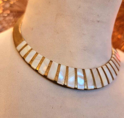 Vintage 70's Mother Of Pearl & Brass Choker Necklace - Yatva