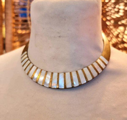 Vintage 70's Mother Of Pearl & Brass Choker Necklace - Yatva