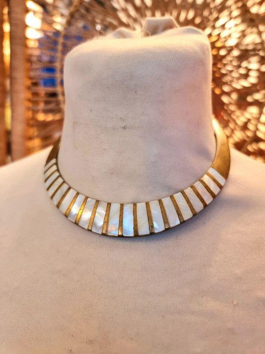 Vintage 70's Mother Of Pearl & Brass Choker Necklace - Yatva