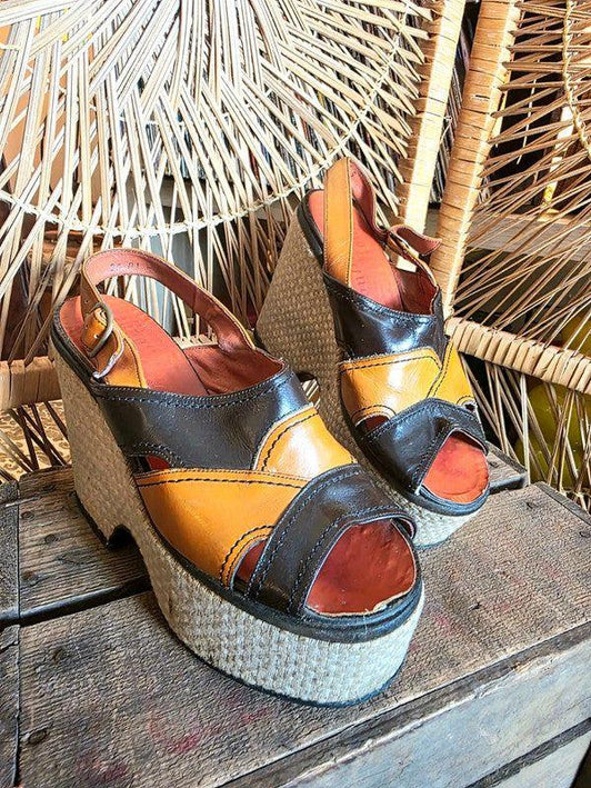 Vintage 70s Moulin Rouge Platform Sandals Shoes - Yatva