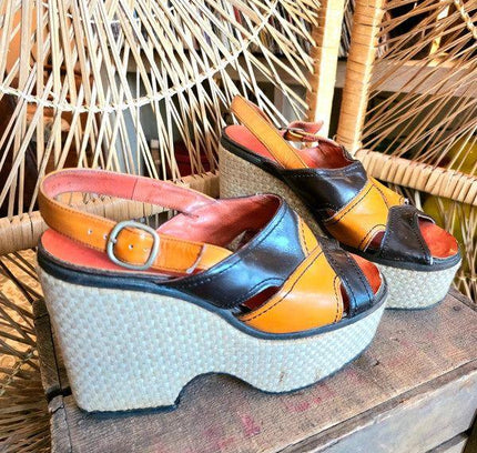 Vintage 70s Moulin Rouge Platform Sandals Shoes - Yatva