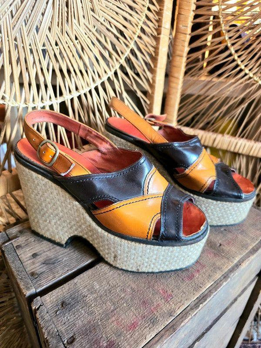 Vintage 70s Moulin Rouge Platform Sandals Shoes - Yatva