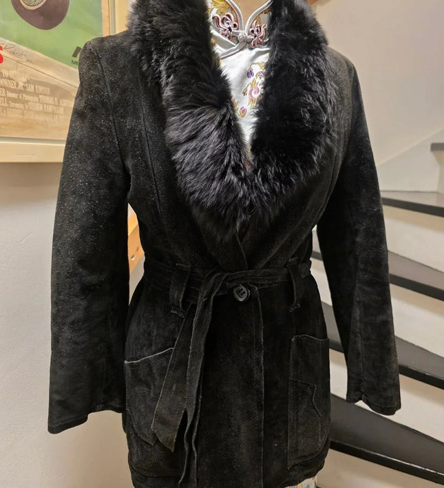 Vintage 70s Suede Leather Faux Fux Coat - Yatva