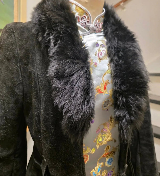 Vintage 70s Suede Leather Faux Fux Coat - Yatva