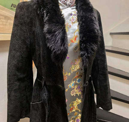 Vintage 70s Suede Leather Faux Fux Coat - Yatva