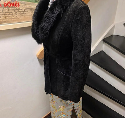 Vintage 70s Suede Leather Faux Fux Coat - Yatva
