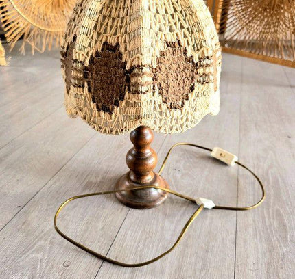 Vintage 70s Woven Boho Table Lamp - Tafellampen - Yatva