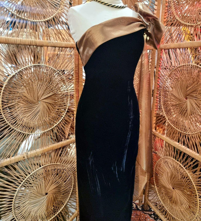 Vintage 80's Dave & Johnny One Shoulder Velvet bow Dress - Yatva