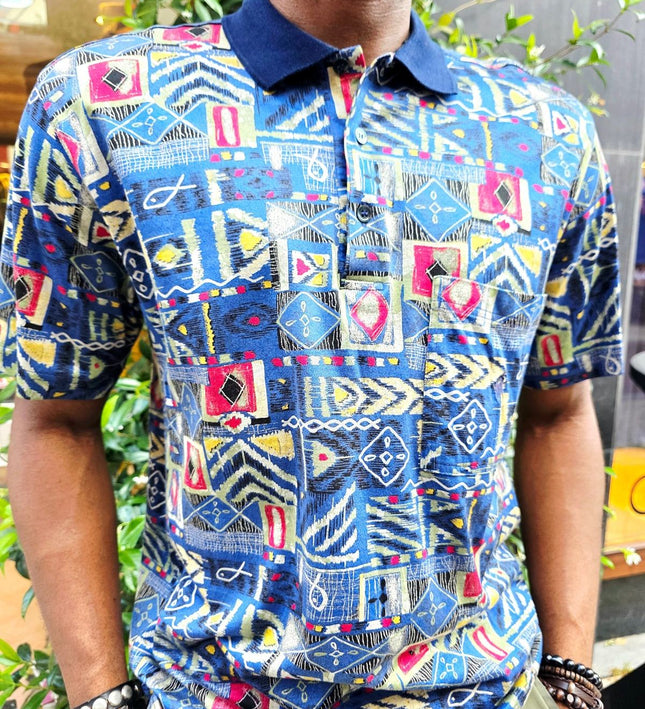 Vintage 90s Rodrigo Italian Patchwork Tribal Print Polo Shirt
