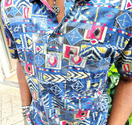 Vintage 90s Rodrigo Italian Patchwork Tribal Print Polo Shirt