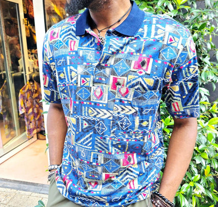 Vintage 90s Rodrigo Italian Patchwork Tribal Print Polo Shirt