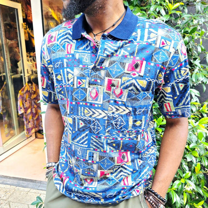 Vintage 90s Rodrigo Italian Patchwork Tribal Print Polo Shirt